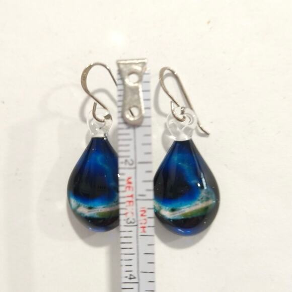 Sterling Silver 925 Ocean Beach Dangle Drop Earrings Blue Fused Glass Hook - Picture 8 of 9